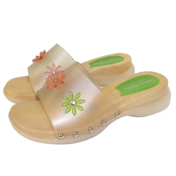 Lorenzo Chelini Italy Floral Translucent Wooden Wedge Slide Sandals NOS 7 - Picture 3 of 5